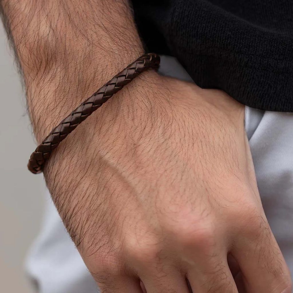 Pulseira Couro Tubo Trança Marrom