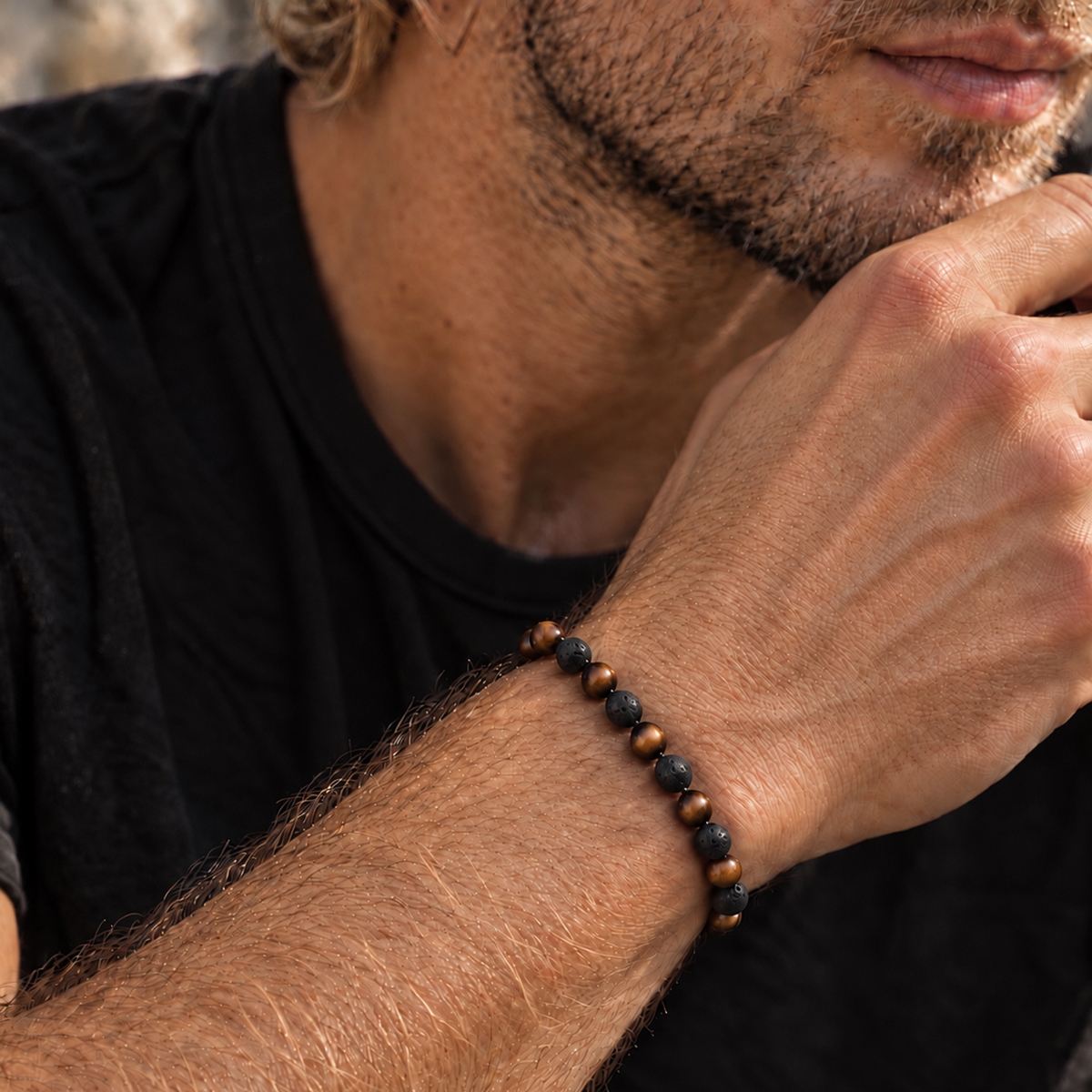 Pulseira Lava Vulcânica e Olho de Tigre Fosco